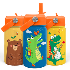 Crocodile Water Bottle Kids Water Bottle with Straw Lid 12 Oz Insulated Stainless Steel Water Bottles for Toddlers Kid Boys Travel Cup for School Sports