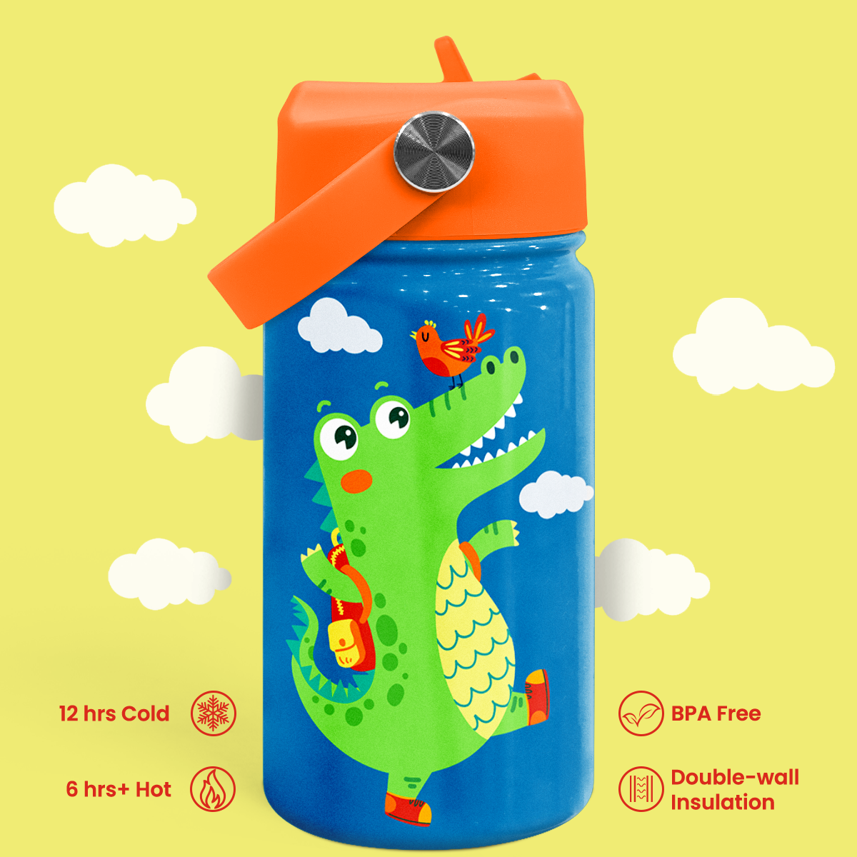 Blue Crocodile SipKid | Kids Stainless Steel Straw Lid Water Bottle 12oz