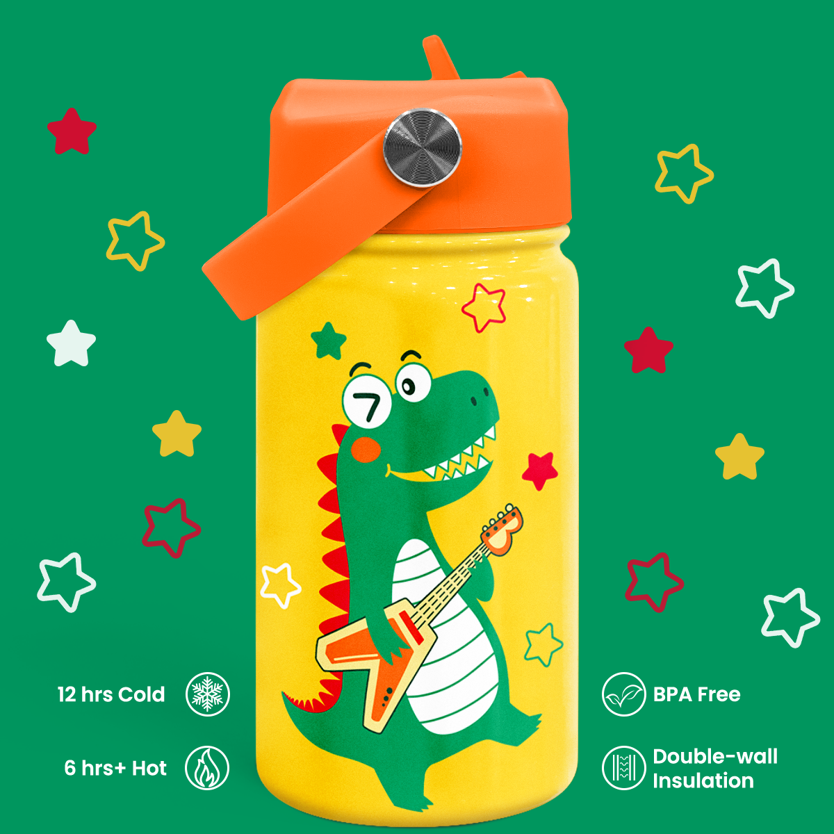 Yellow Dinosaur SipKid | Kids Stainless Steel Straw Lid Water Bottle 12oz