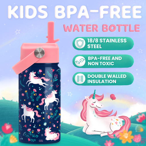 Unicorn Water Bottle - Kids Water Bottle with Straw Lid - 12 Oz Insulated Stainless Steel Water Bottles for Toddlers Kid Girl - Travel Cup for School Sports