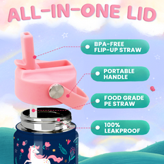 Unicorn Water Bottle - Kids Water Bottle with Straw Lid - 12 Oz Insulated Stainless Steel Water Bottles for Toddlers Kid Girl - Travel Cup for School Sports