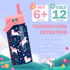 Unicorn Water Bottle - Kids Water Bottle with Straw Lid - 12 Oz Insulated Stainless Steel Water Bottles for Toddlers Kid Girl - Travel Cup for School Sports