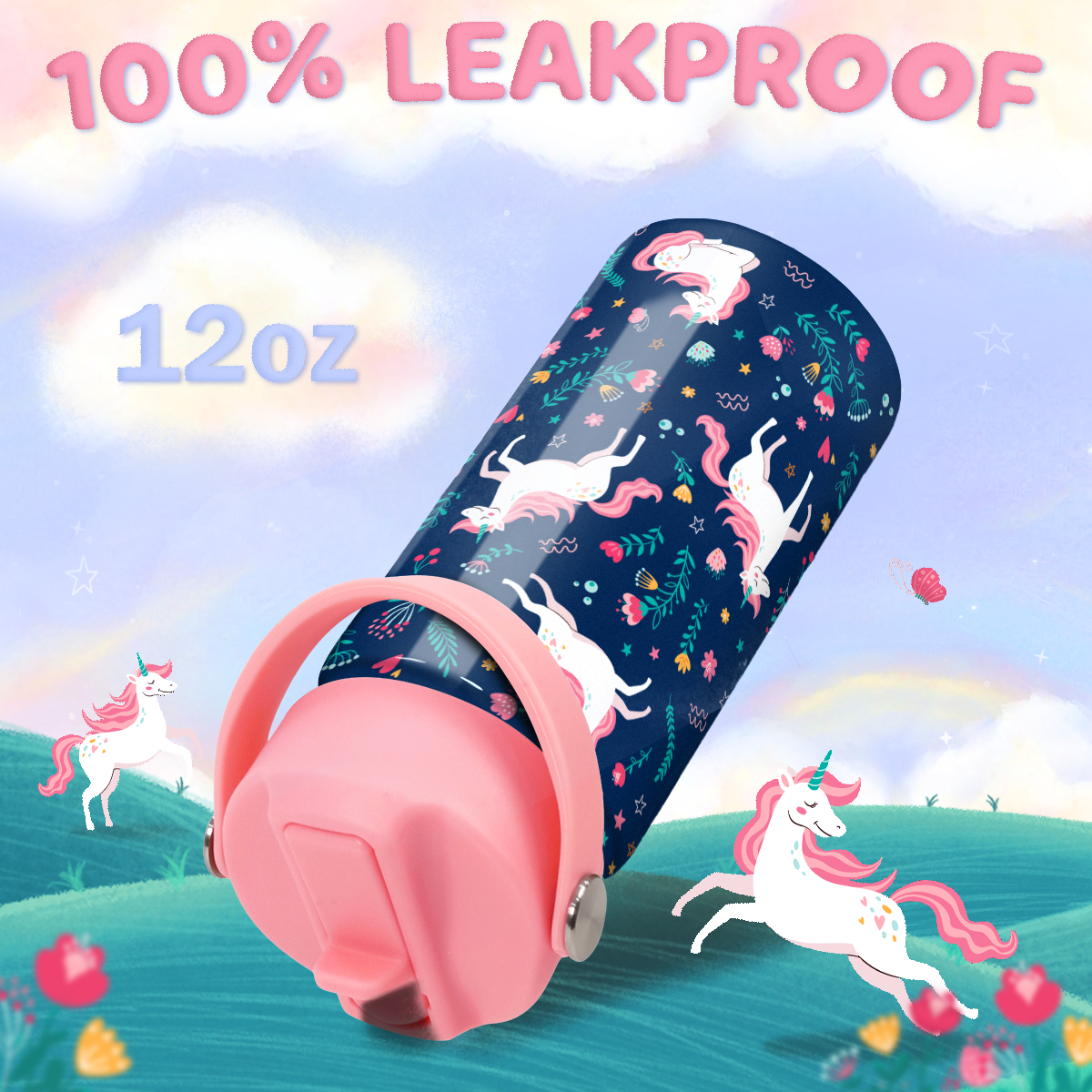 Unicorn Water Bottle - Kids Water Bottle with Straw Lid - 12 Oz Insulated Stainless Steel Water Bottles for Toddlers Kid Girl - Travel Cup for School Sports