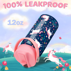 Unicorn Water Bottle - Kids Water Bottle with Straw Lid - 12 Oz Insulated Stainless Steel Water Bottles for Toddlers Kid Girl - Travel Cup for School Sports