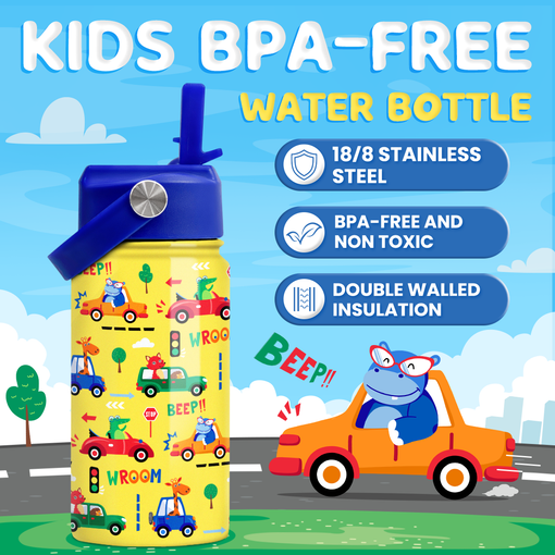 Kids Water Bottle with Straw Lid - 12 Oz Insulated Stainless Steel Vehicle Cars Water Bottles for Toddlers Kid Boys - Travel Cup for School Sports