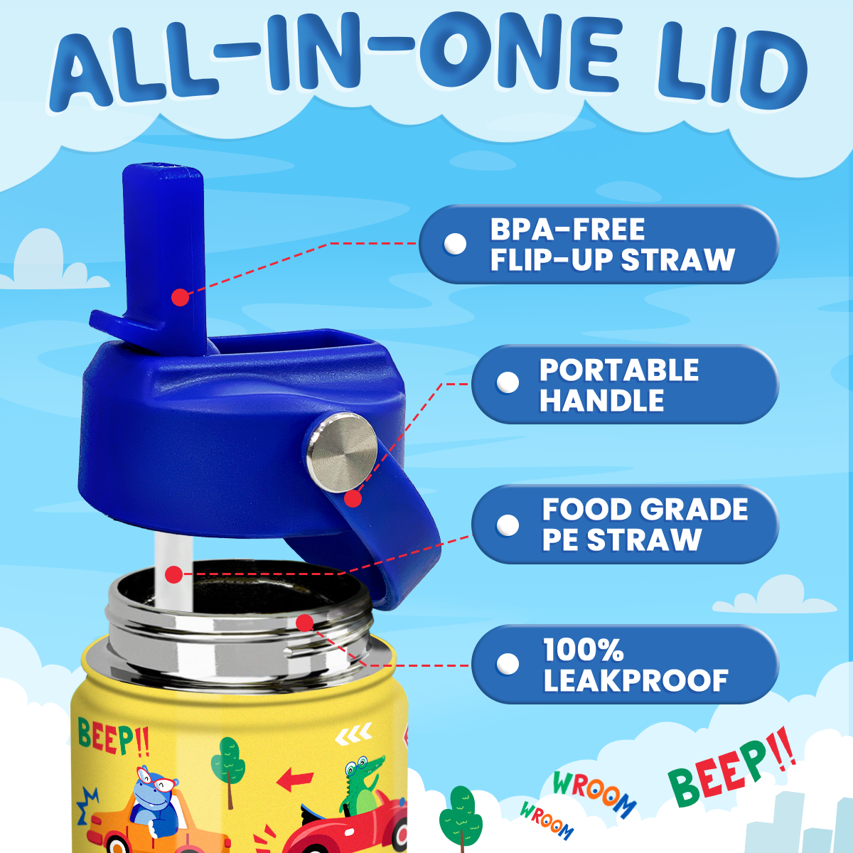 Yellow Vehicle SipKid | Kids Stainless Steel Straw Lid Water Bottle 12oz