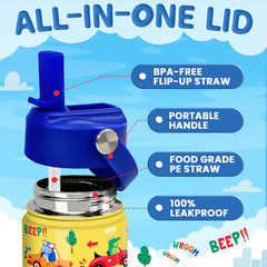 Kids Water Bottle with Straw Lid - 12 Oz Insulated Stainless Steel Vehicle Cars Water Bottles for Toddlers Kid Boys - Travel Cup for School Sports