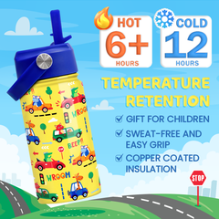 Kids Water Bottle with Straw Lid - 12 Oz Insulated Stainless Steel Vehicle Cars Water Bottles for Toddlers Kid Boys - Travel Cup for School Sports