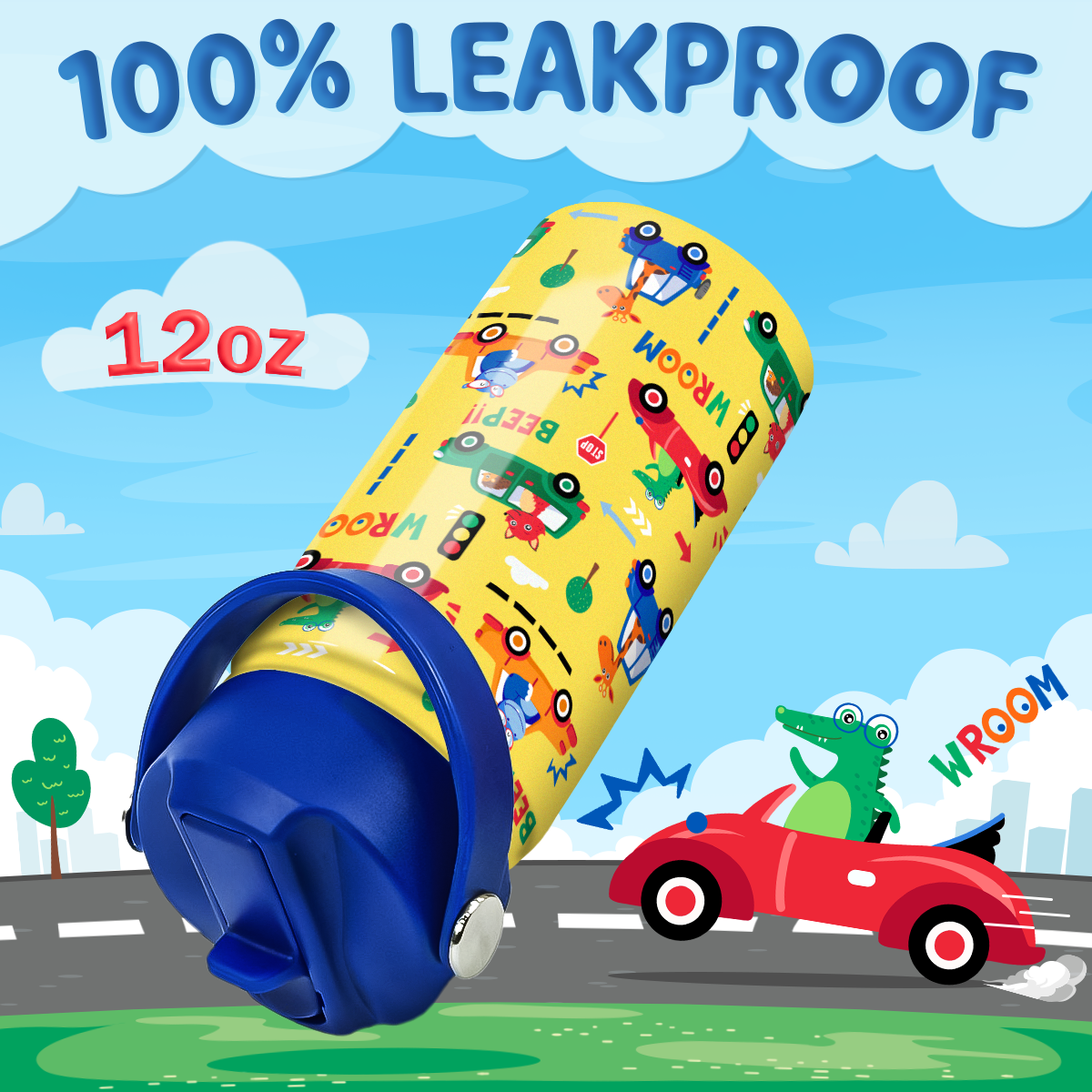 Yellow Vehicle SipKid | Kids Stainless Steel Straw Lid Water Bottle 12oz