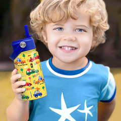 Yellow Vehicle SipKid | Kids Stainless Steel Straw Lid Water Bottle 12oz