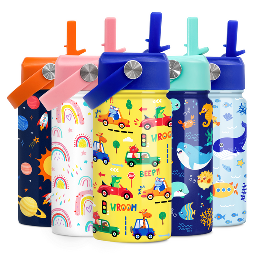 Kids Water Bottle with Straw Lid - 12 Oz Insulated Stainless Steel Vehicle Cars Water Bottles for Toddlers Kid Boys - Travel Cup for School Sports