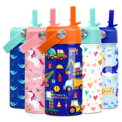 Construction Water Bottle - Kids Water Bottle with Straw Lid - 12 Oz Insulated Stainless Steel Water Bottles for Toddlers Kid Boys - Travel Cup for School Sports