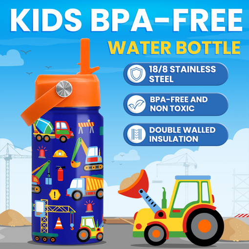 Construction Water Bottle - Kids Water Bottle with Straw Lid - 12 Oz Insulated Stainless Steel Water Bottles for Toddlers Kid Boys - Travel Cup for School Sports