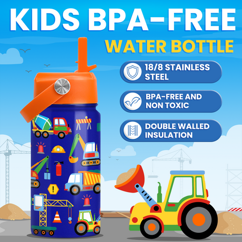 Blue Construction SipKid | Kids Stainless Steel Straw Lid Water Bottle 12oz