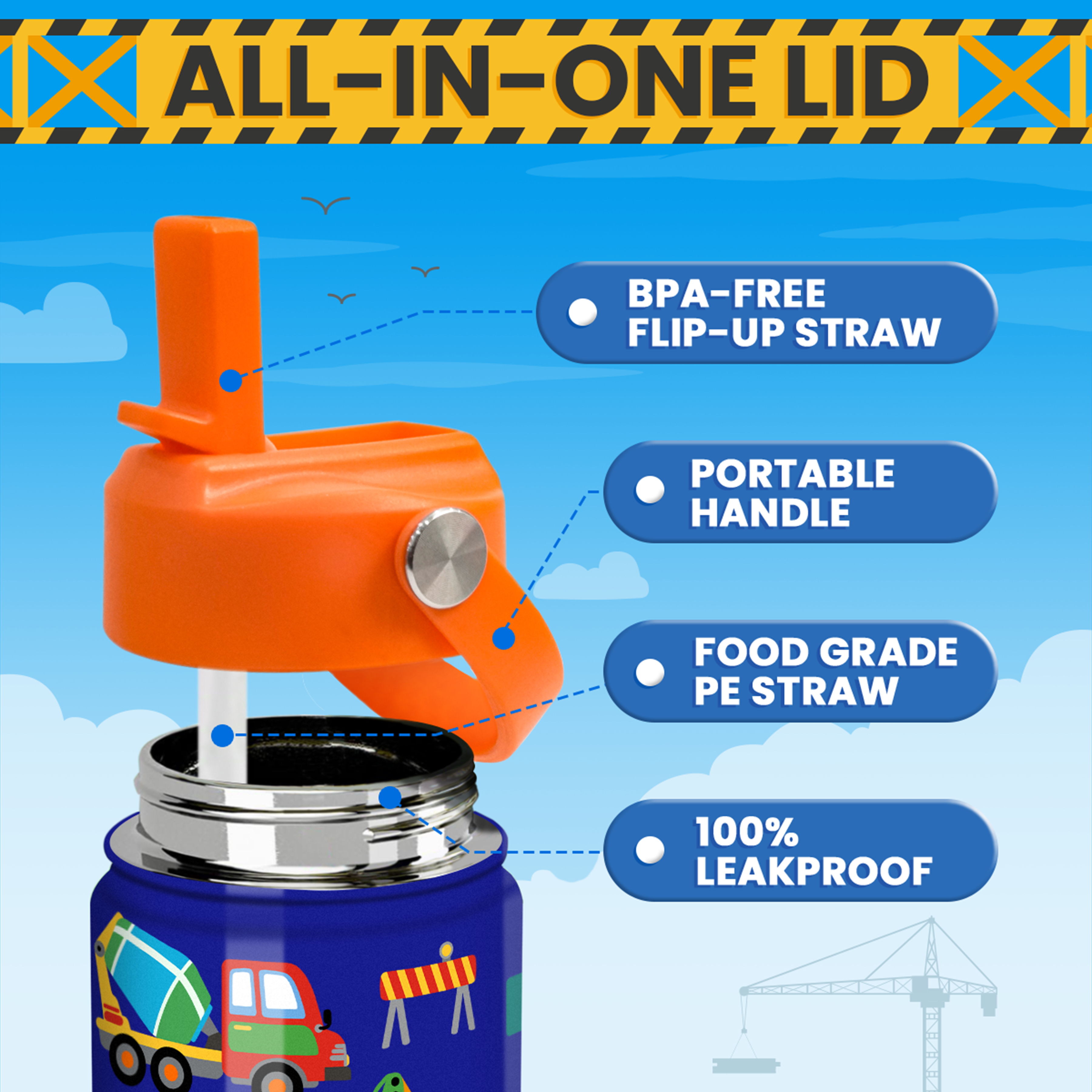 Blue Construction SipKid | Kids Stainless Steel Straw Lid Water Bottle 12oz