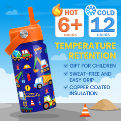 Construction Water Bottle - Kids Water Bottle with Straw Lid - 12 Oz Insulated Stainless Steel Water Bottles for Toddlers Kid Boys - Travel Cup for School Sports