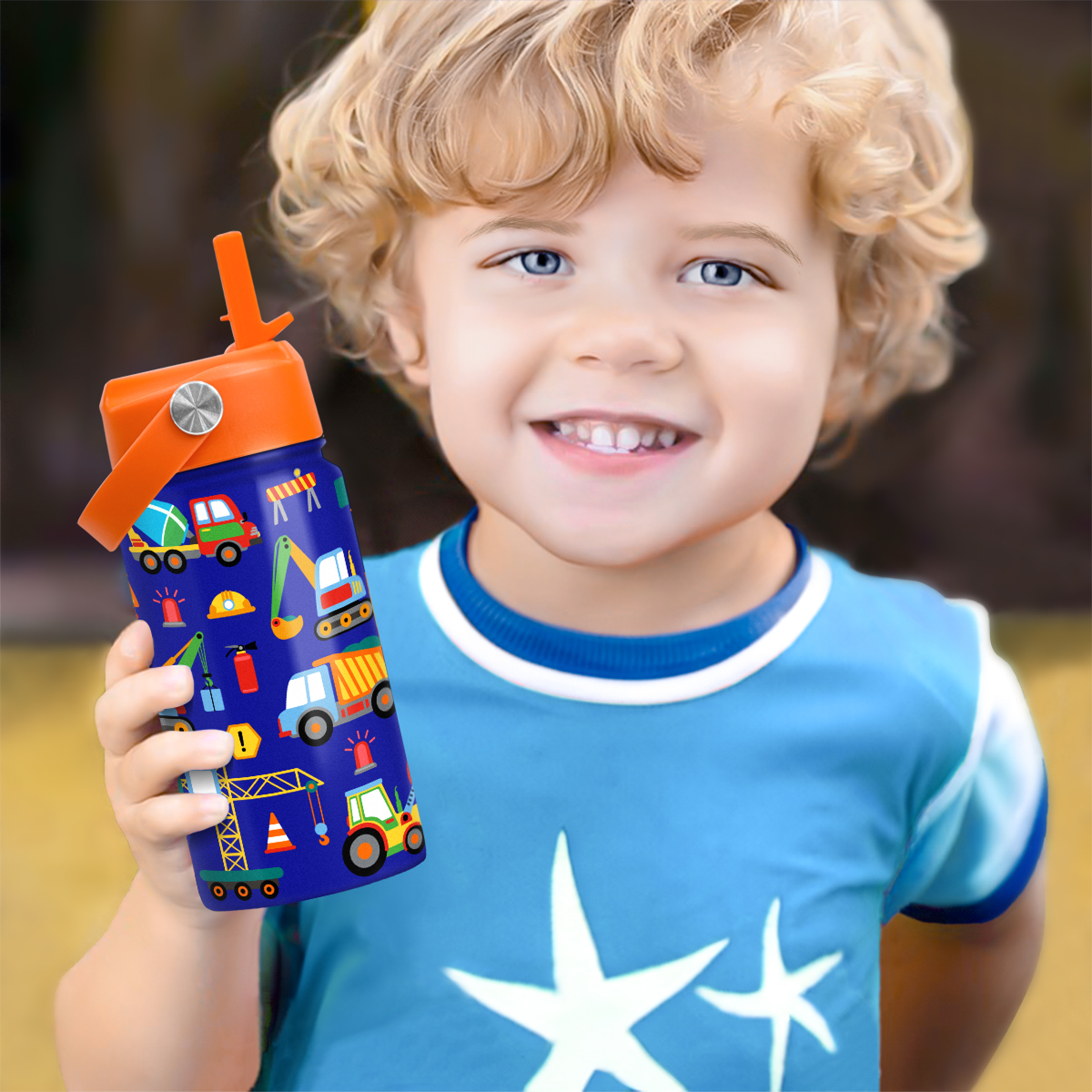 Blue Construction SipKid | Kids Stainless Steel Straw Lid Water Bottle 12oz