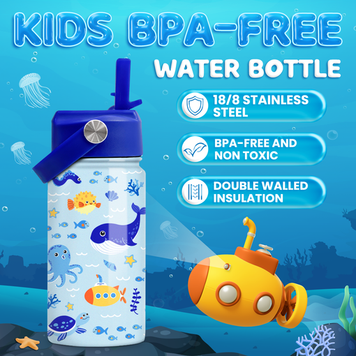 Kids Water Bottle with Straw Lid - 12 Oz Insulated Stainless Steel Ocean Water Bottles for Toddlers Kid Boys - Travel Cup for School Sports