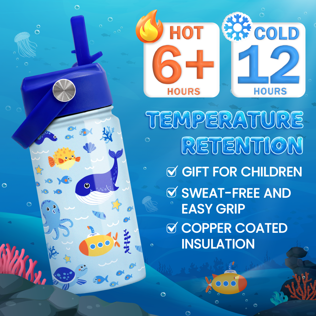 Kids Water Bottle with Straw Lid - 12 Oz Insulated Stainless Steel Ocean Water Bottles for Toddlers Kid Boys - Travel Cup for School Sports