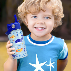 Kids Water Bottle with Straw Lid - 12 Oz Insulated Stainless Steel Ocean Water Bottles for Toddlers Kid Boys - Travel Cup for School Sports