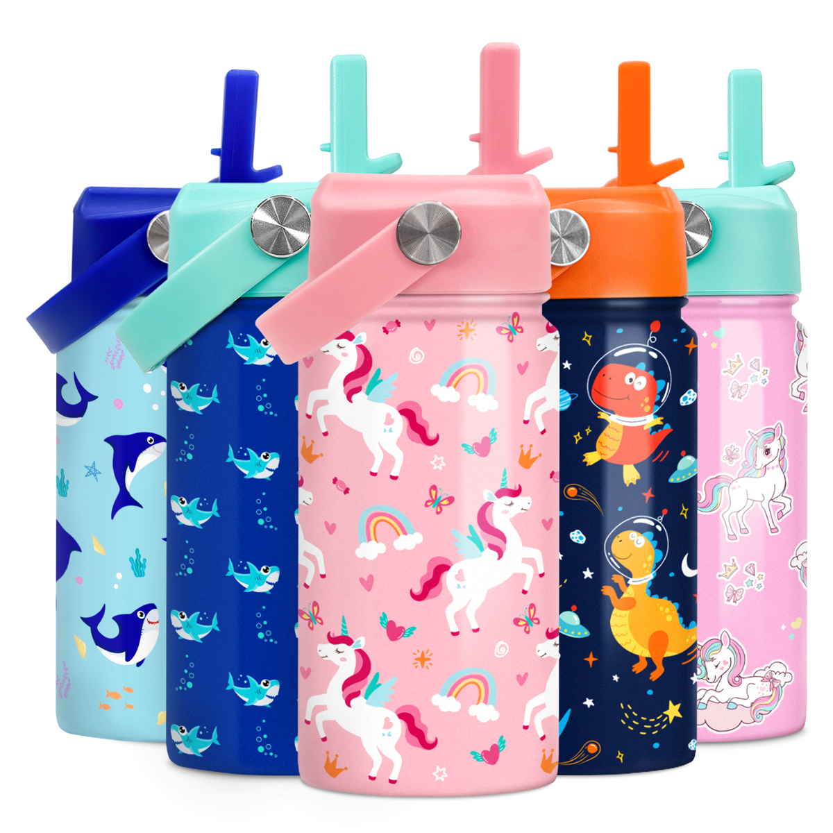 A collection of insulated stainless steel water bottles with straw lids, featuring various colorful and playful unicorn-themed designs.