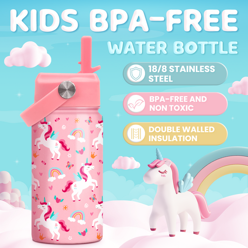 Unicorn Water Bottle for Girls - Kids Water Bottle with Straw Lid - 12 Oz Insulated Stainless Steel Water Bottles for Toddlers Kid - Travel Cup for School Sports