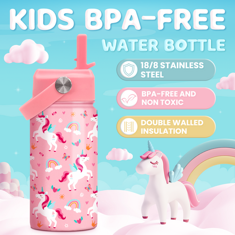 Pink Unicorn SipKid | Kids Stainless Steel Straw Lid Water Bottle 12oz