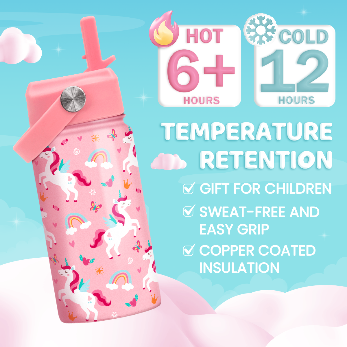 Pink Unicorn SipKid | Kids Stainless Steel Straw Lid Water Bottle 12oz
