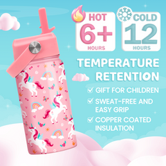 Unicorn Water Bottle for Girls - Kids Water Bottle with Straw Lid - 12 Oz Insulated Stainless Steel Water Bottles for Toddlers Kid - Travel Cup for School Sports