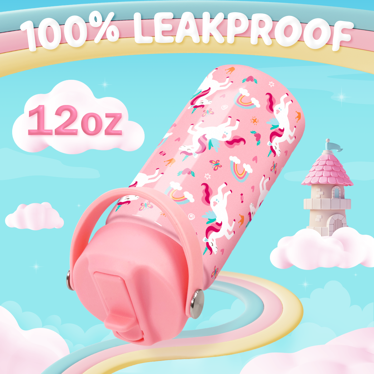 Pink Unicorn SipKid | Kids Stainless Steel Straw Lid Water Bottle 12oz