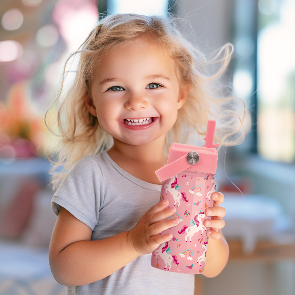 Pink Unicorn SipKid | Kids Stainless Steel Straw Lid Water Bottle 12oz