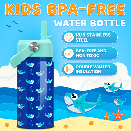 Shark Water Bottle - Kids Water Bottle with Straw Lid - 12 Oz Insulated Stainless Steel Water Bottles for Toddlers Kid Boy- Travel Cup for School Sports