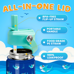 Shark Water Bottle - Kids Water Bottle with Straw Lid - 12 Oz Insulated Stainless Steel Water Bottles for Toddlers Kid Boy- Travel Cup for School Sports