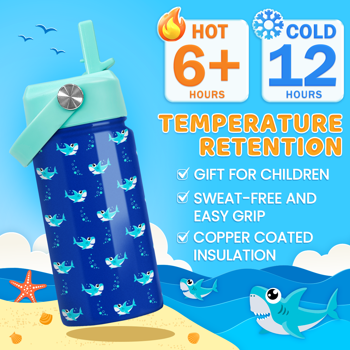 Shark Water Bottle - Kids Water Bottle with Straw Lid - 12 Oz Insulated Stainless Steel Water Bottles for Toddlers Kid Boy- Travel Cup for School Sports