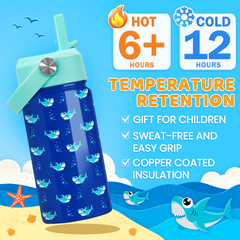 Shark Water Bottle - Kids Water Bottle with Straw Lid - 12 Oz Insulated Stainless Steel Water Bottles for Toddlers Kid Boy- Travel Cup for School Sports