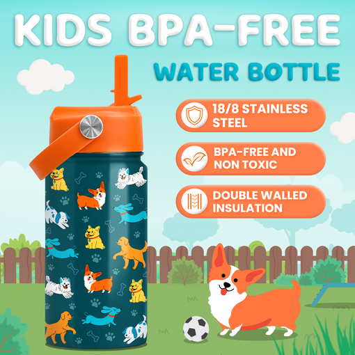 Puppy Water Bottle - Kids Water Bottle with Straw Lid - 12 Oz Insulated Stainless Steel Water Bottles for Toddlers Kid Boys Girls - Travel Cup for School Sports