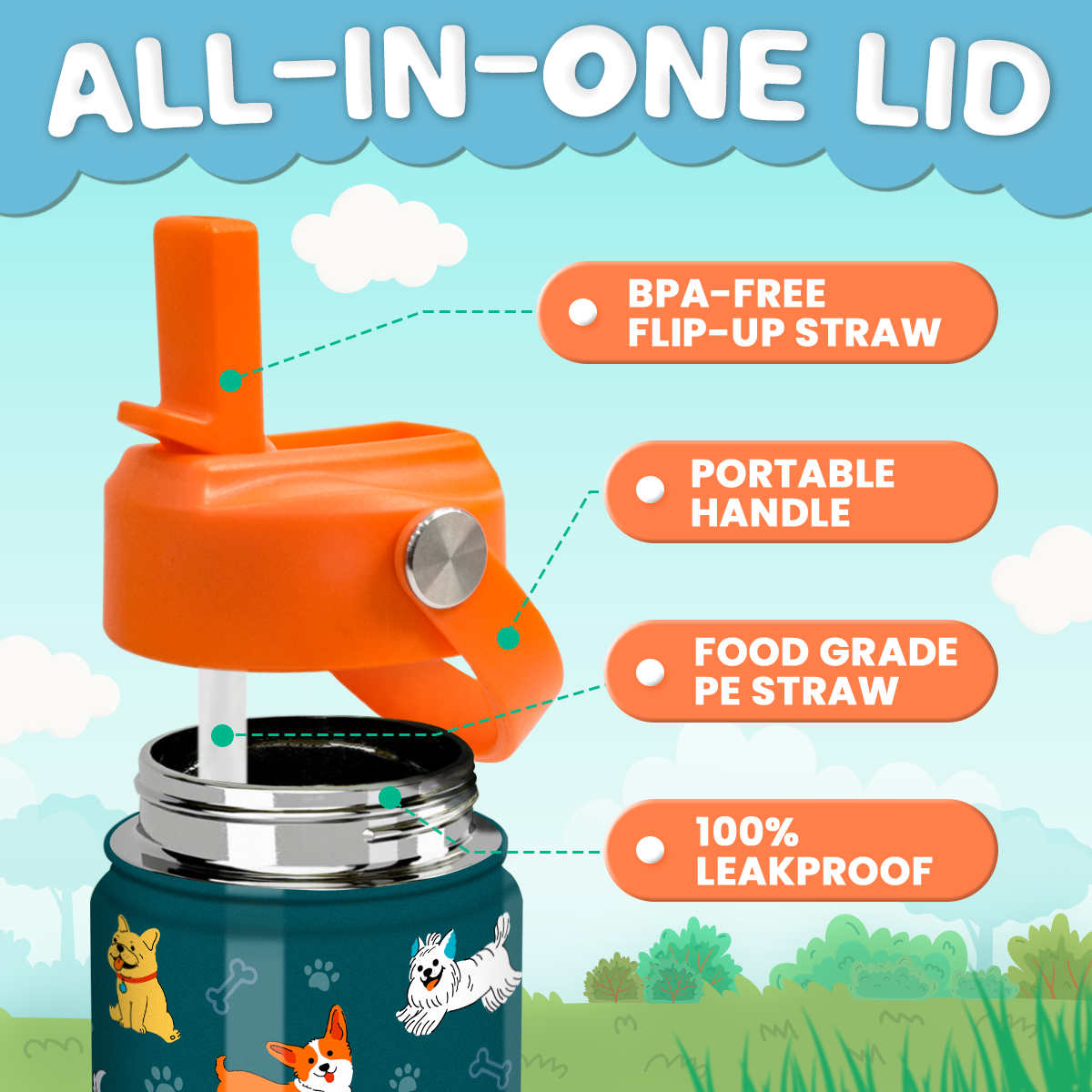 Puppy Water Bottle - Kids Water Bottle with Straw Lid - 12 Oz Insulated Stainless Steel Water Bottles for Toddlers Kid Boys Girls - Travel Cup for School Sports