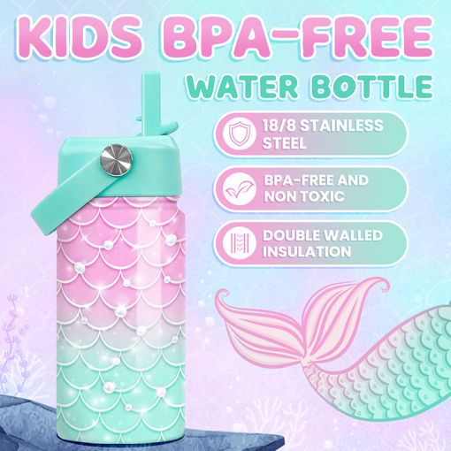 Mermaid Water Bottle - Kids Water Bottle with Straw Lid - 12 Oz Insulated Stainless Steel Water Bottles for Toddlers Kid Girl - Travel Cup for School Sports