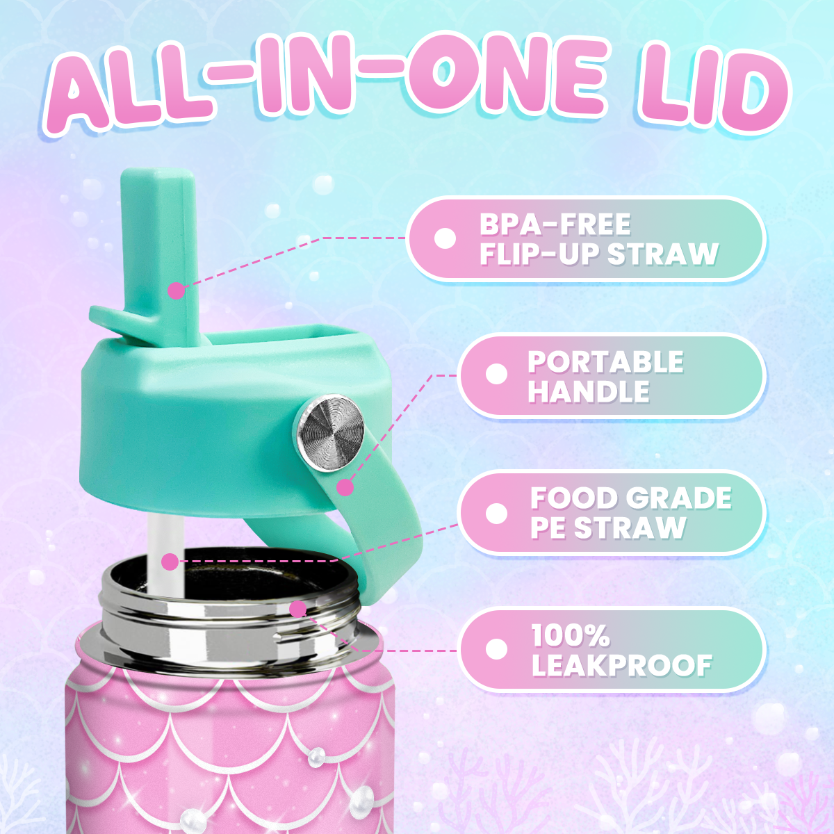 Purple Mermaid SipKid | Kids Stainless Steel Straw Lid Water Bottle 12oz