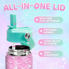 Mermaid Water Bottle - Kids Water Bottle with Straw Lid - 12 Oz Insulated Stainless Steel Water Bottles for Toddlers Kid Girl - Travel Cup for School Sports