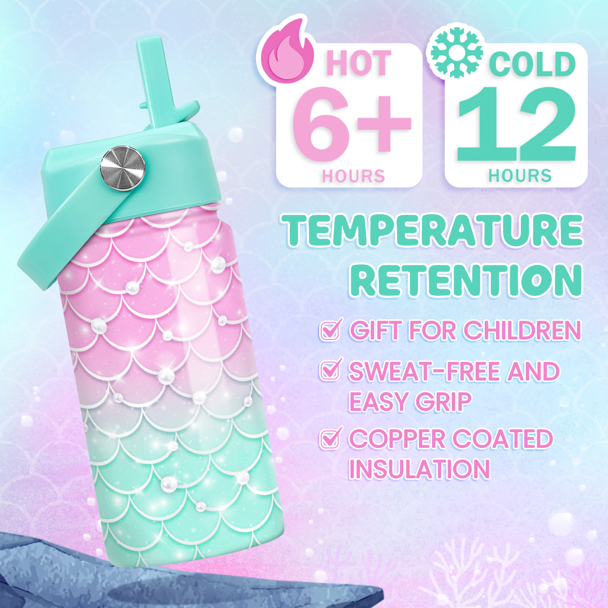 Purple Mermaid SipKid | Kids Stainless Steel Straw Lid Water Bottle 12oz