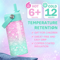 Mermaid Water Bottle - Kids Water Bottle with Straw Lid - 12 Oz Insulated Stainless Steel Water Bottles for Toddlers Kid Girl - Travel Cup for School Sports