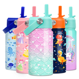 A collection of four kids' water bottles with colorful mermaid-themed designs. Each bottle has a straw lid and is insulated.