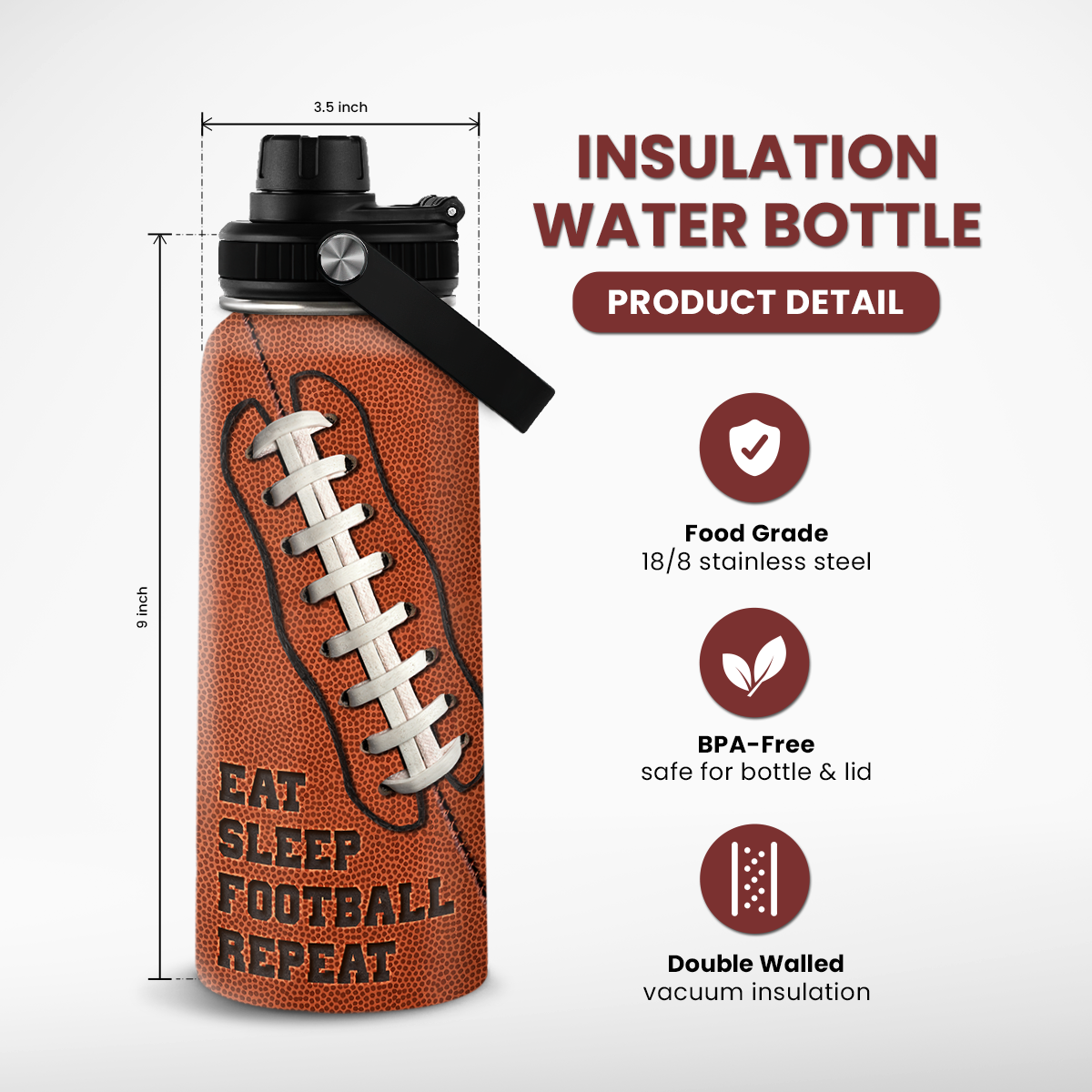 Brown Football Chug Lid Water Bottle 32oz