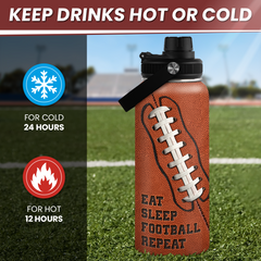 Football Water Bottle - 32oz Insulated Stainless Steel Sports Bottles - Football Gift for Men Football Lovers Player Fan