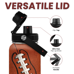 Football Water Bottle - 32oz Insulated Stainless Steel Sports Bottles - Football Gift for Men Football Lovers Player Fan
