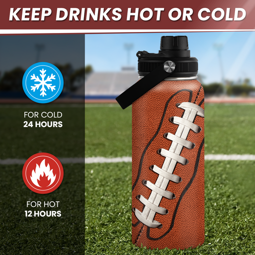 Football Water Bottle - 32oz Insulated Stainless Steel Sports Bottles - Gifts for Men Football Lovers Player Fan