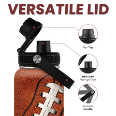 Football Water Bottle - 32oz Insulated Stainless Steel Sports Bottles - Gifts for Men Football Lovers Player Fan