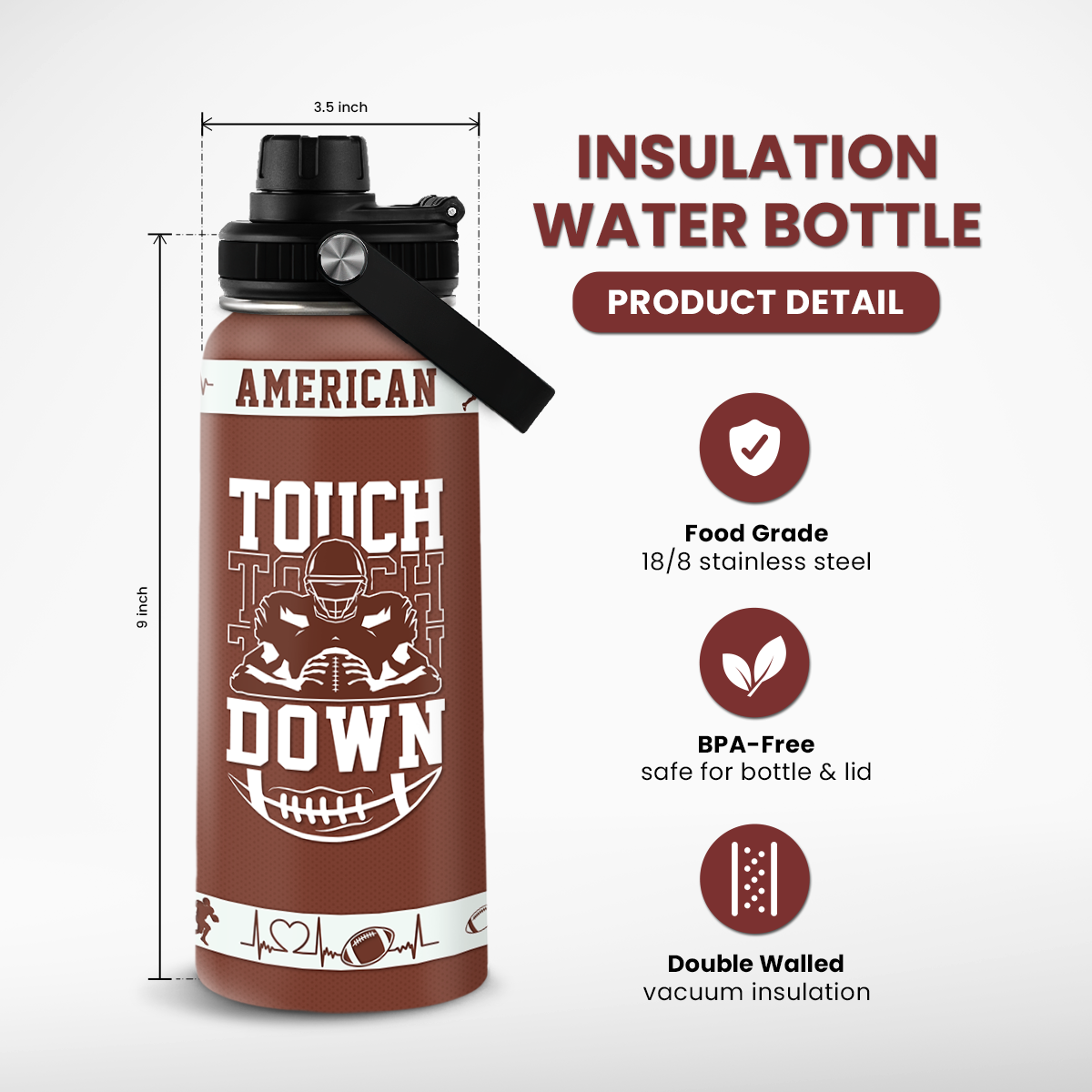 Brown Football Chug Lid Water Bottle 32oz