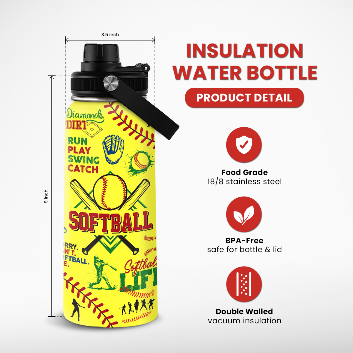 Yellow Softball Chug Lid Water Bottle 32oz